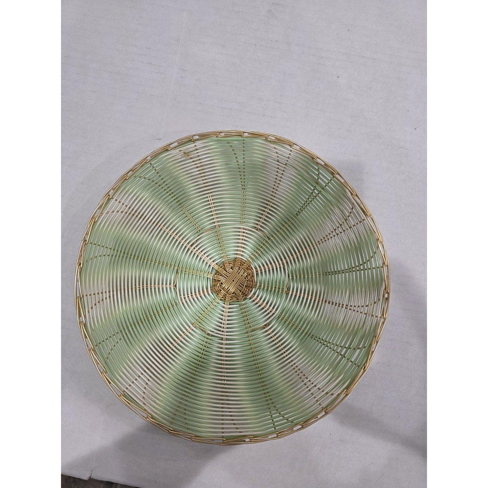 Vintage Hand Coiled Woven Round Basket Green White And Gold